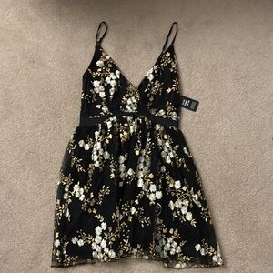 Express Black and Gold Floral Mini Dress NWT